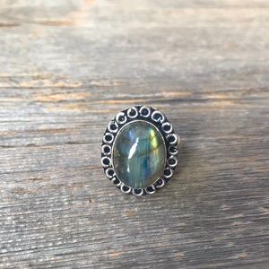 Sterling silver plated labradorite cocktail ring oval scrollwork boho jewelry